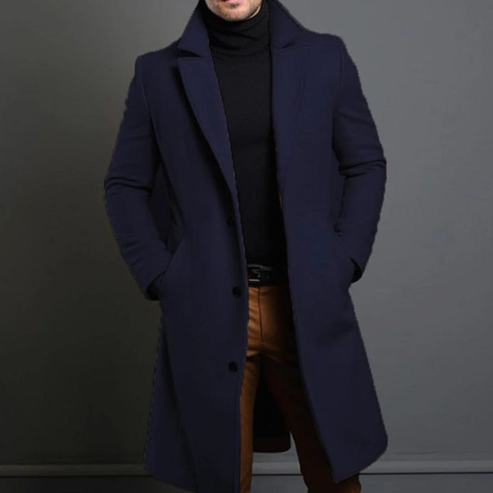 Men's Tailored Lapel Long Overcoat Single-Breasted Wool-Look - Blue