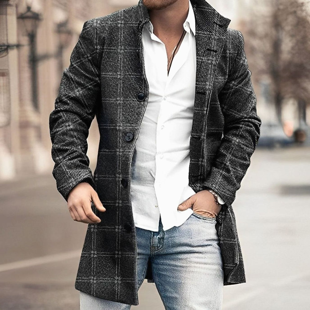 Men's Tailored Long Button Up Coat Wool-Blend Overcoat - Black