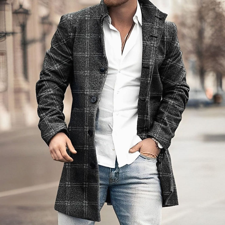 Men's Tailored Long Button Up Coat Wool-Blend Overcoat - Black