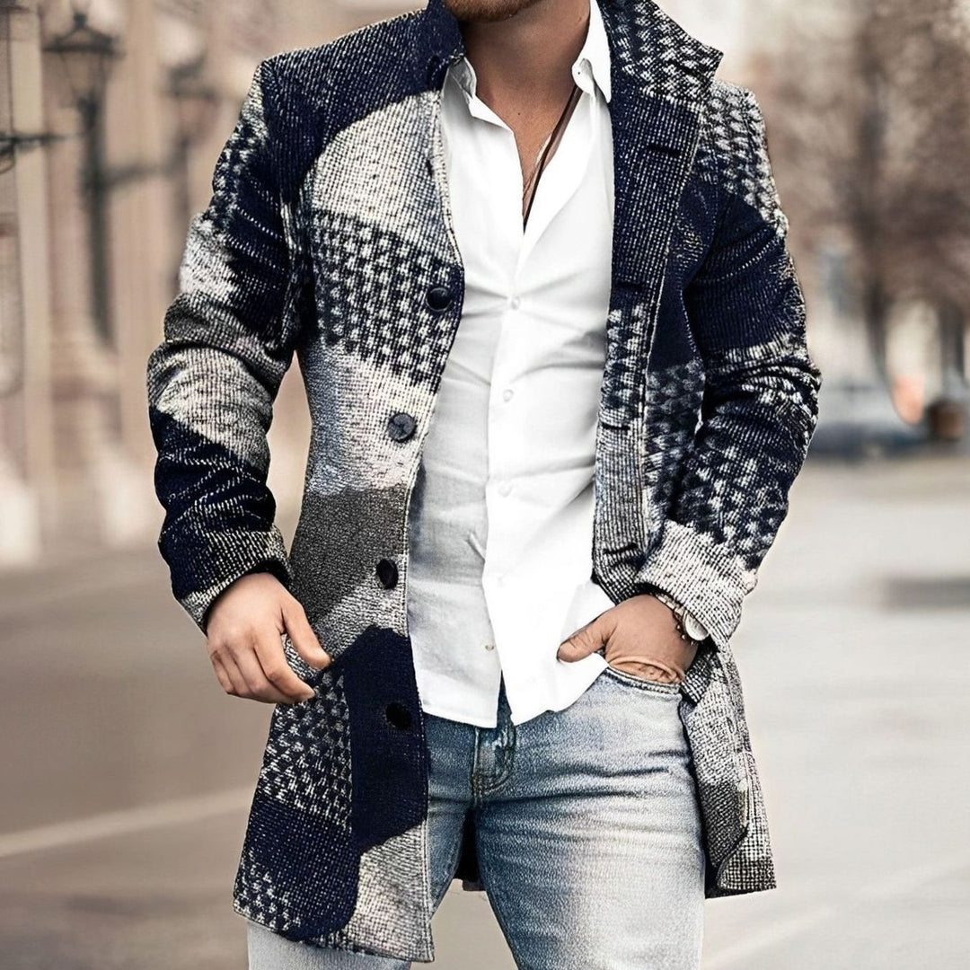 Men's Tailored Long Button Up Coat Wool-Blend Overcoat - Dark Blue