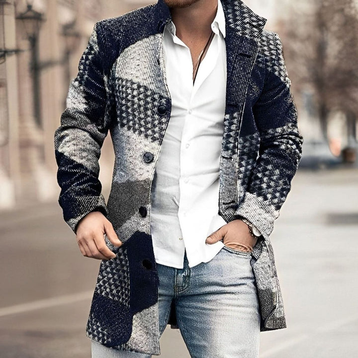 Men's Tailored Long Button Up Coat Wool-Blend Overcoat - Dark Blue