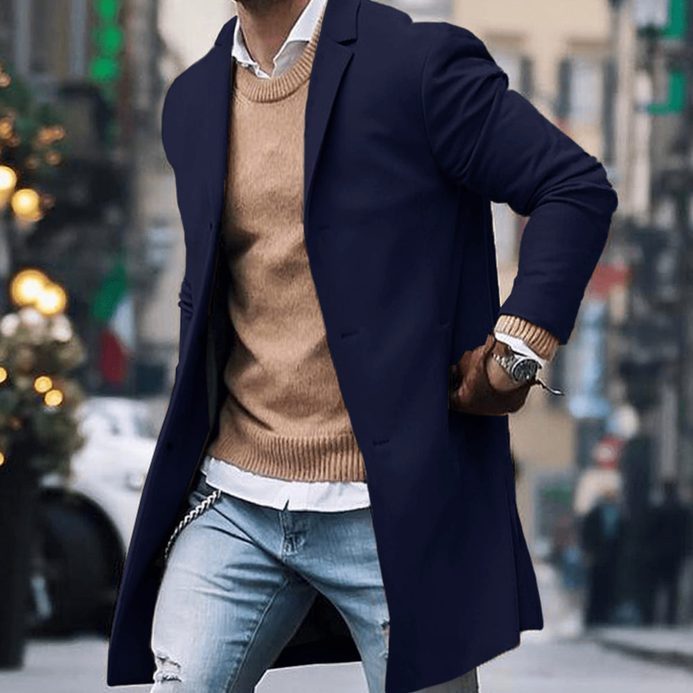 Men's Tailored Long Street Style Coat Notch Lapel Overcoat - Navy Blue