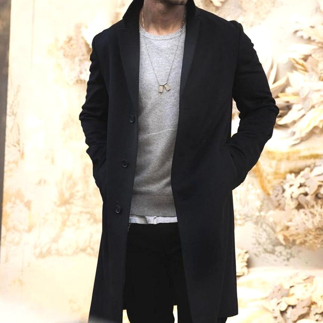 Men's Tailored Long Street Style Coat Notch Lapel Overcoat - Black