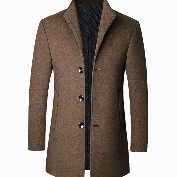 Men's Tailored Single-Breasted Long Overcoat Stand Collar - Brown