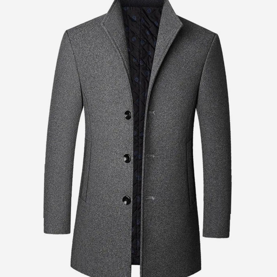 Men's Tailored Single-Breasted Long Overcoat Stand Collar - Grey
