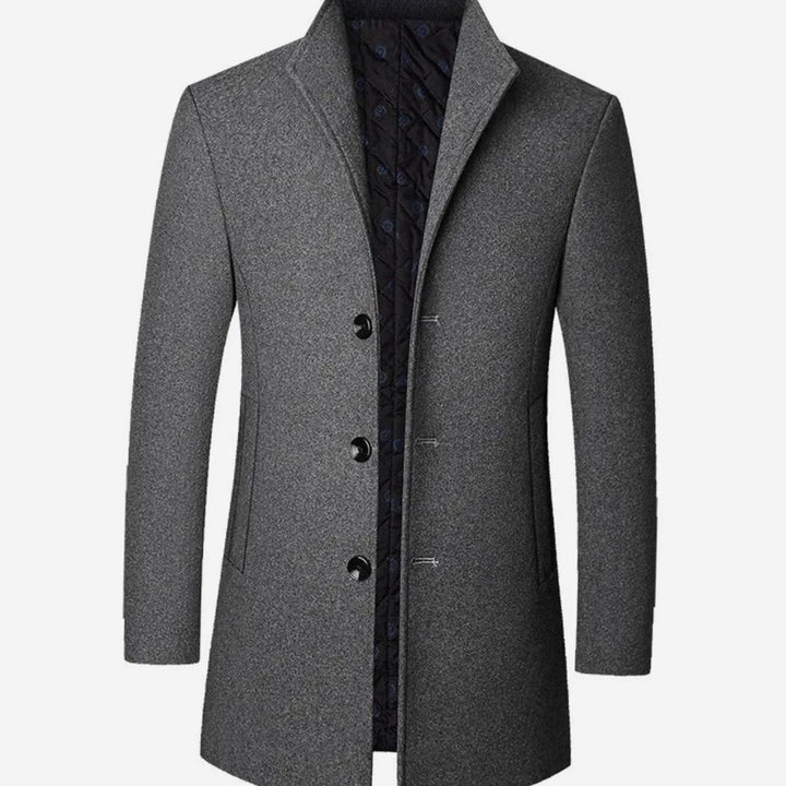 Men's Tailored Single-Breasted Long Overcoat Stand Collar - Grey