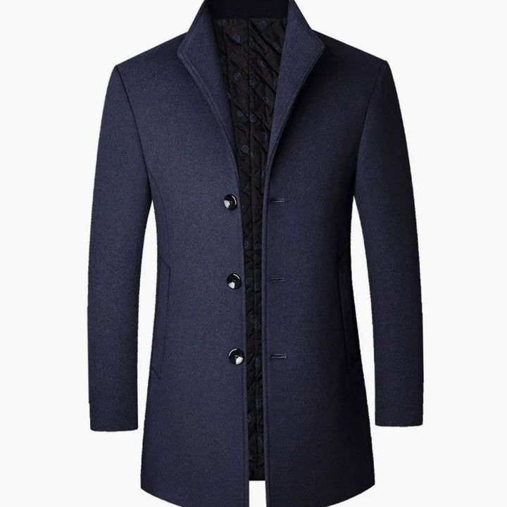 Men's Tailored Single-Breasted Long Overcoat Stand Collar - Navy Blue