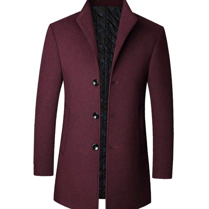 Men's Tailored Single-Breasted Long Overcoat Stand Collar - Burgundy