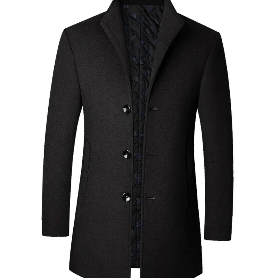 Men's Tailored Single-Breasted Long Overcoat Stand Collar - Black