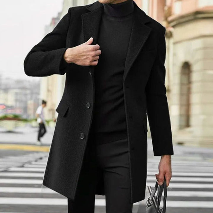 Men's Tailored Single-Breasted Notch-Lapel Winter Coat - Black