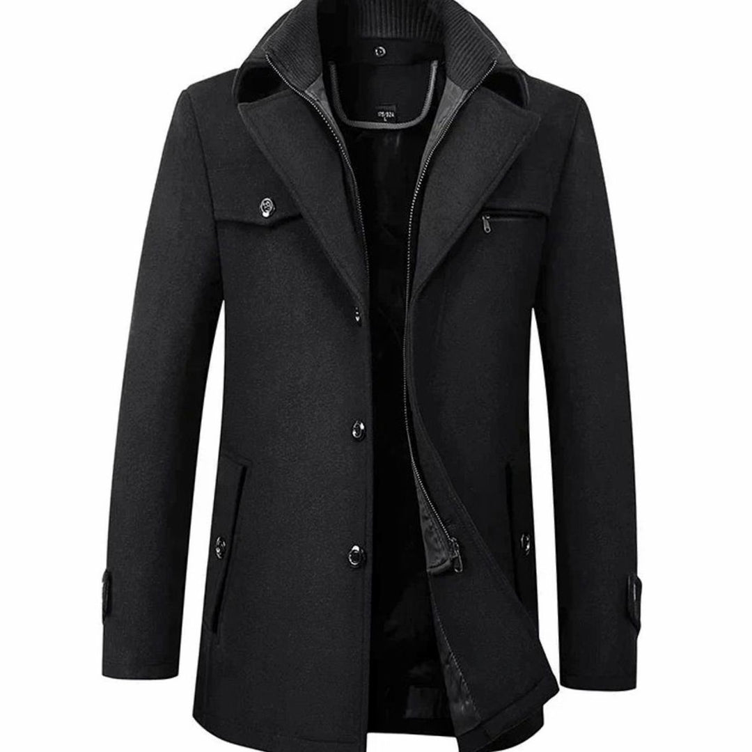 Men's Tailored Wool-Blend Single-Breasted Button Overcoat - Black