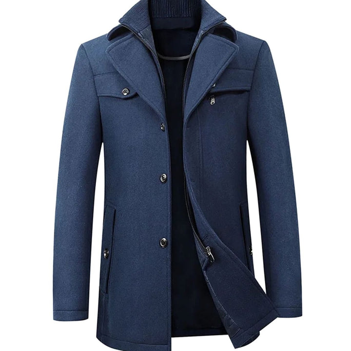Men's Tailored Wool-Blend Single-Breasted Button Overcoat - Navy Blue