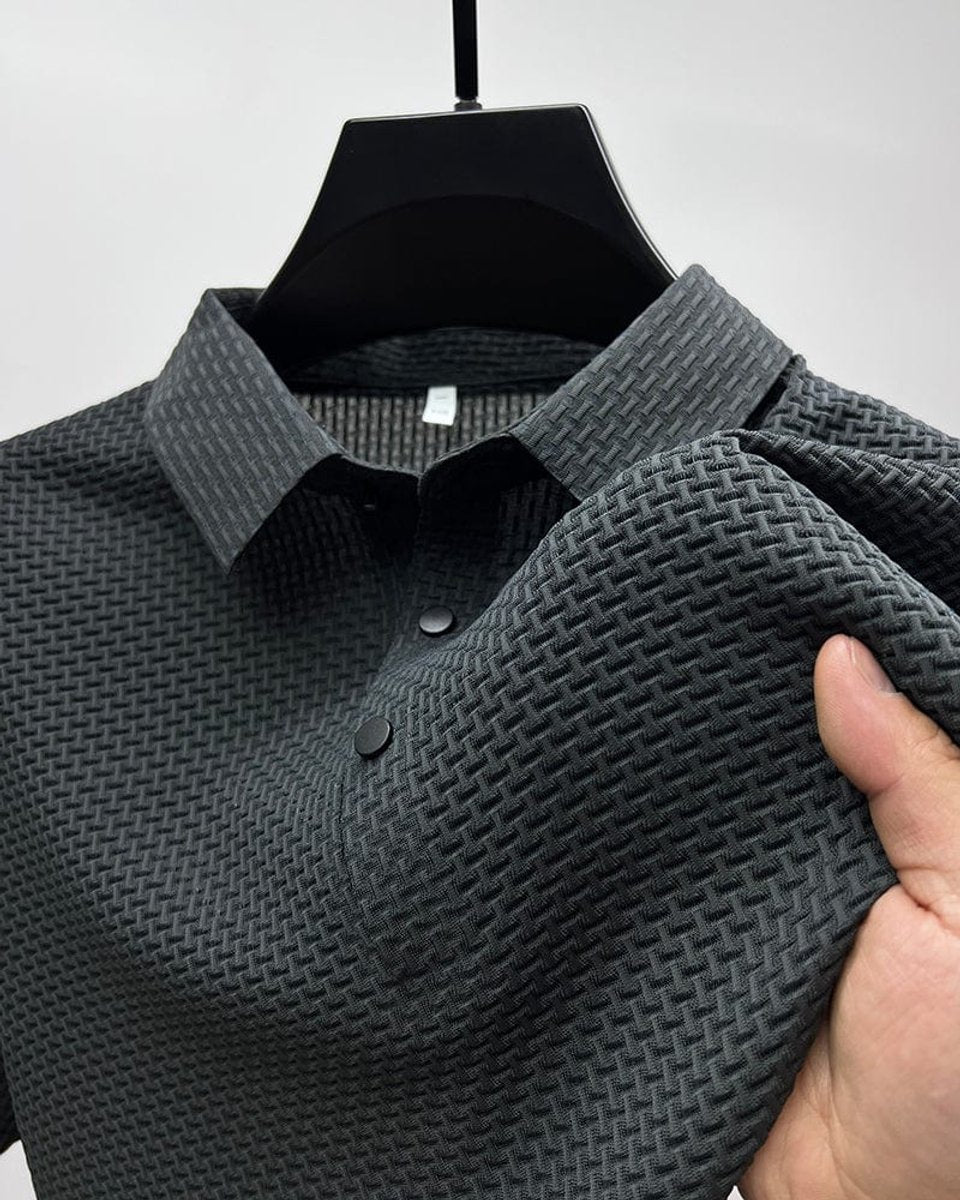 Men's Textured Breathable Mesh Button-Up Polo Shirt - Gray