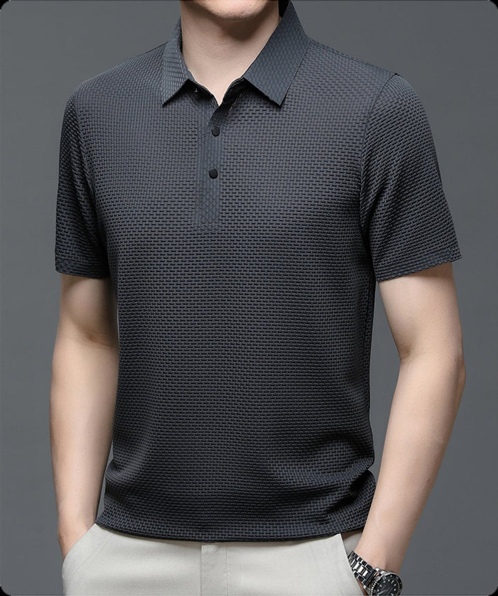 Men's Textured Breathable Mesh Button-Up Polo Shirt