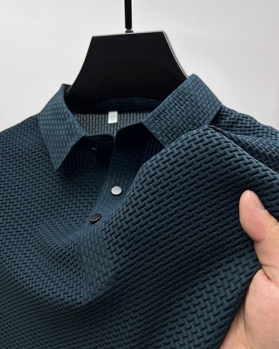 Men's Textured Breathable Mesh Button-Up Polo Shirt - Navy Blue