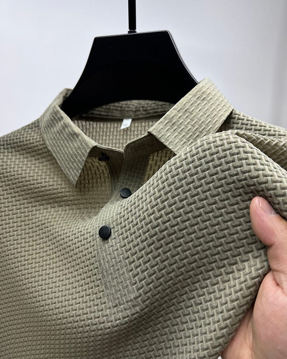 Men's Textured Breathable Mesh Button-Up Polo Shirt - Beige