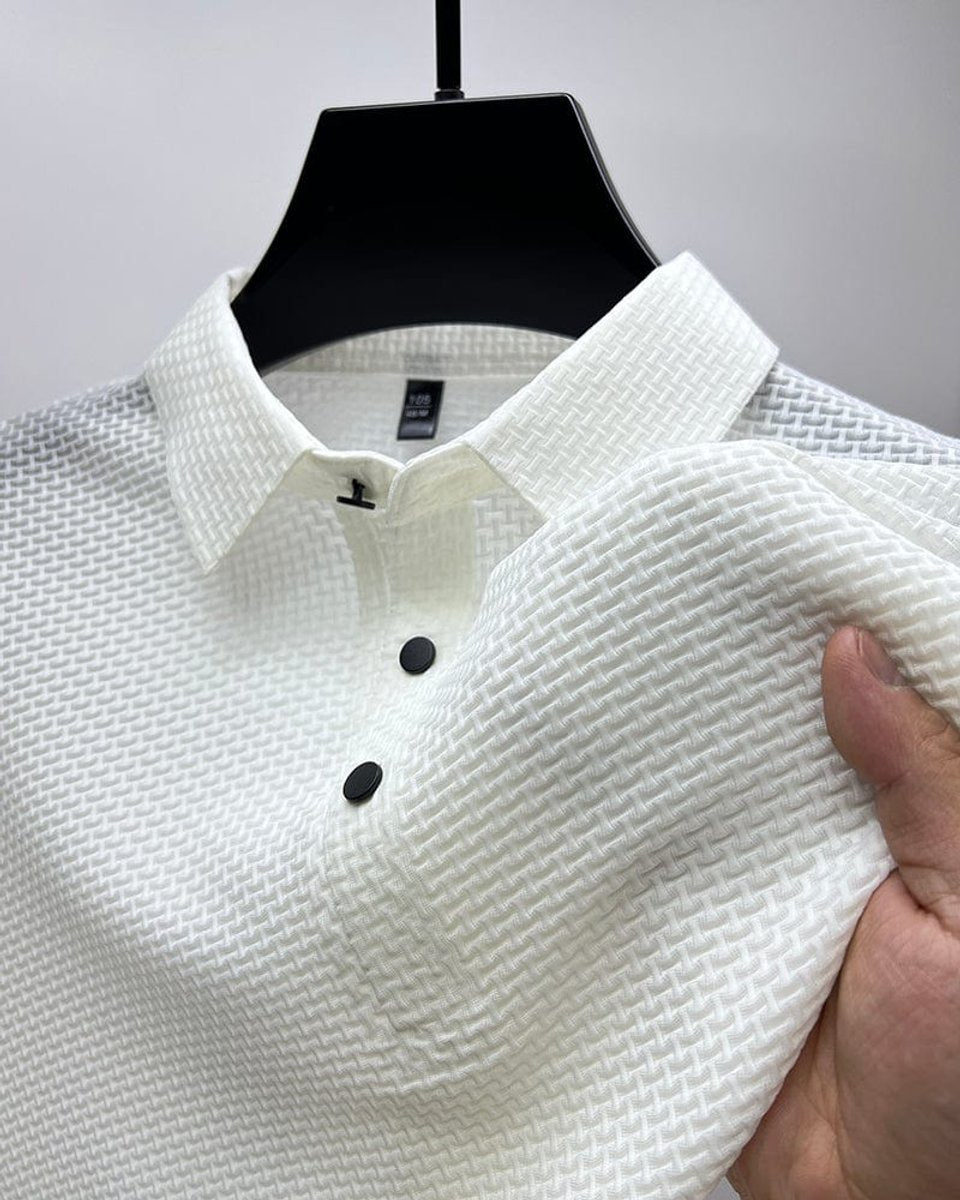 Men's Textured Breathable Mesh Button-Up Polo Shirt - White