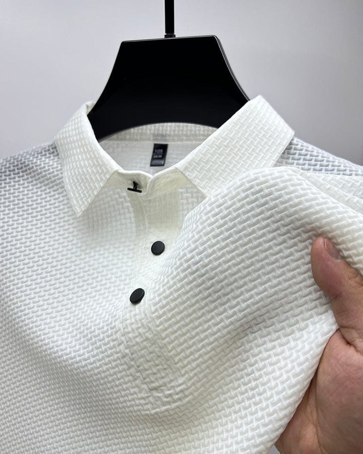 Men's Textured Breathable Mesh Button-Up Polo Shirt - White