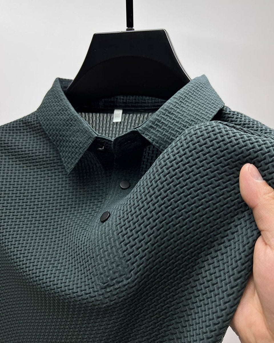 Men's Textured Breathable Mesh Button-Up Polo Shirt - Dark Green