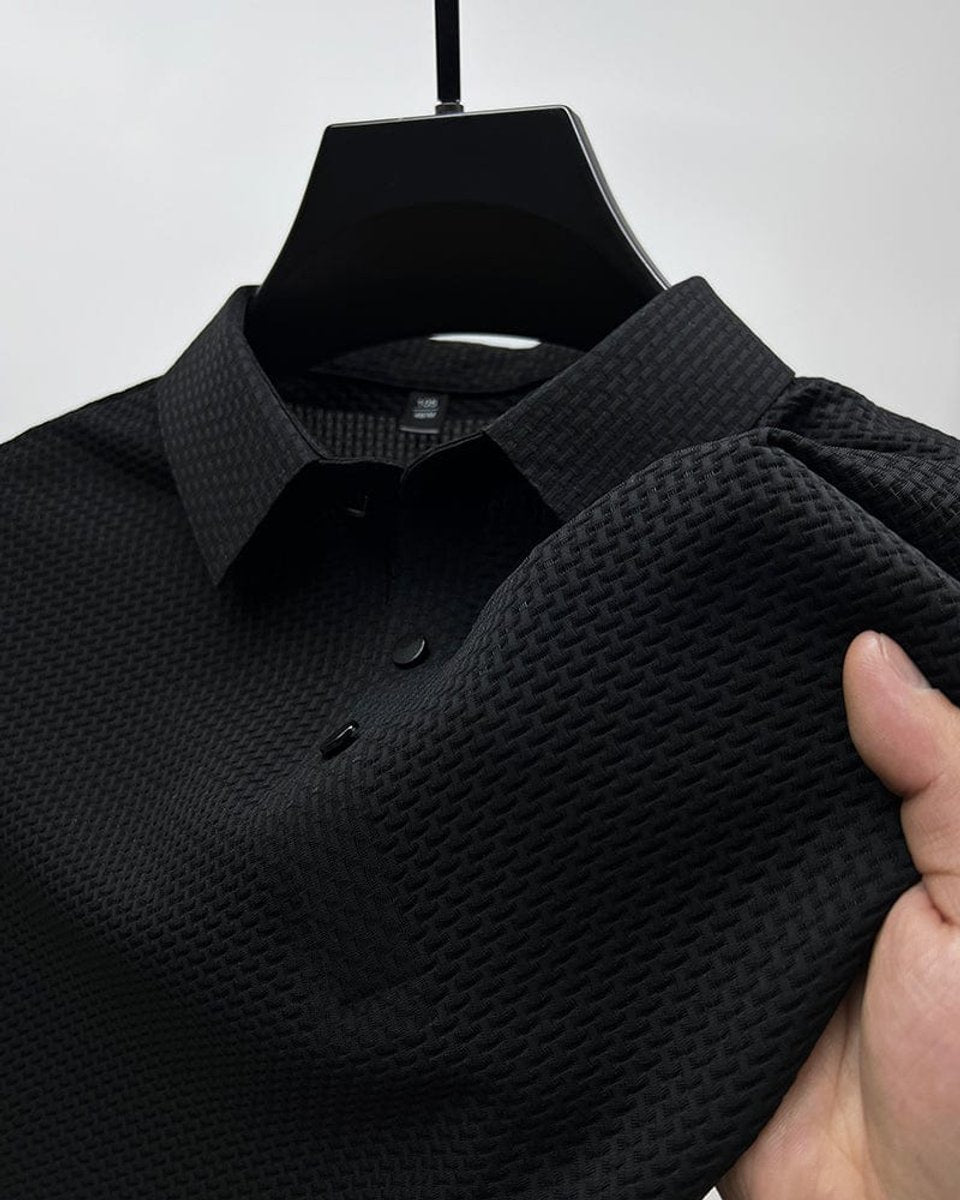 Men's Textured Breathable Mesh Button-Up Polo Shirt - Black