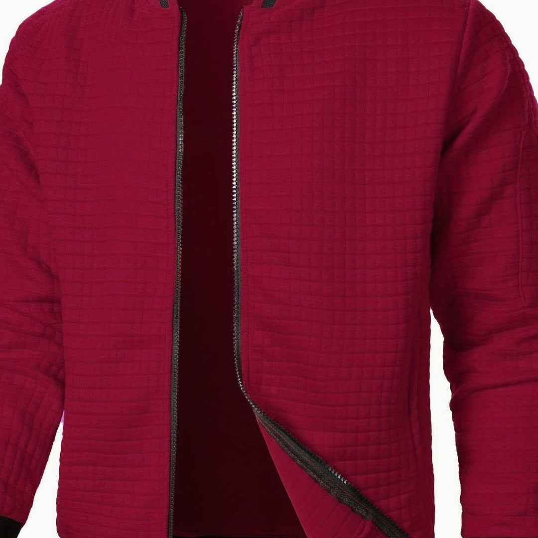 Men's Textured Grid Full-Zip Bomber Jacket - Burgundy
