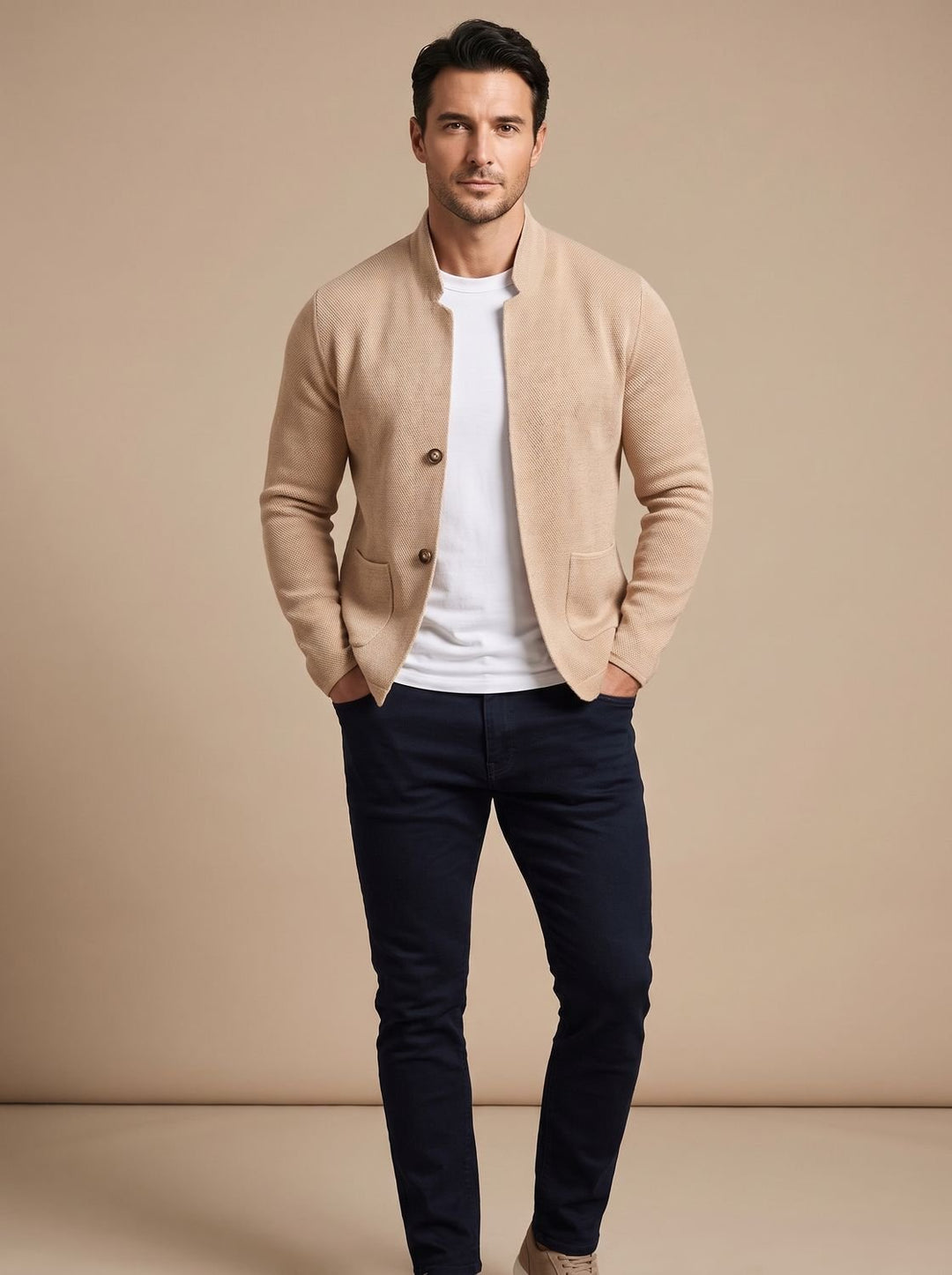 Men's Textured Knit Button-Front Stand-Collar Cardigan