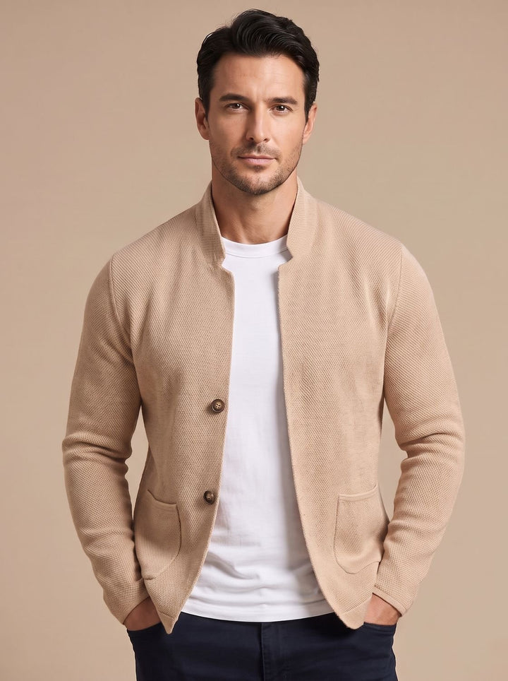 Men's Textured Knit Button-Front Stand-Collar Cardigan - Beige