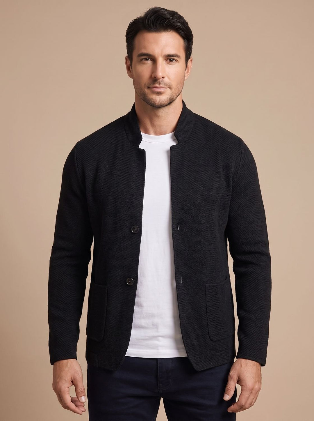 Men's Textured Knit Button-Front Stand-Collar Cardigan - Black