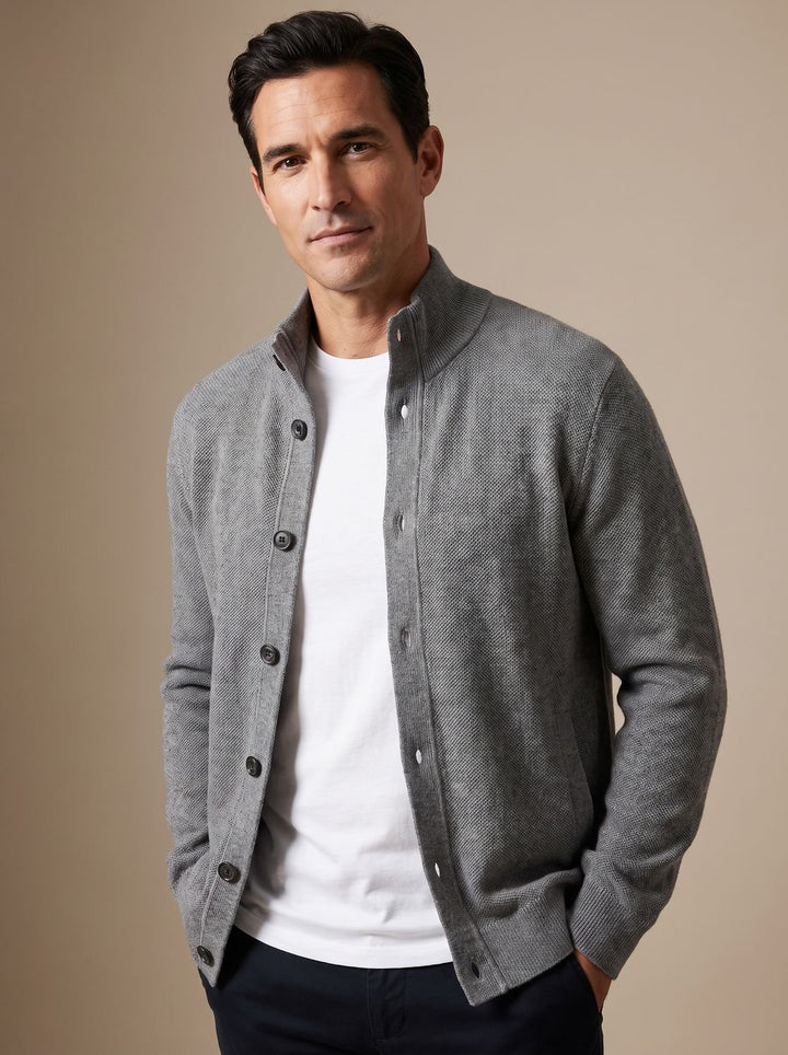 Men's Textured Knit Button-Front Stand-Collar Cardigan - Gray