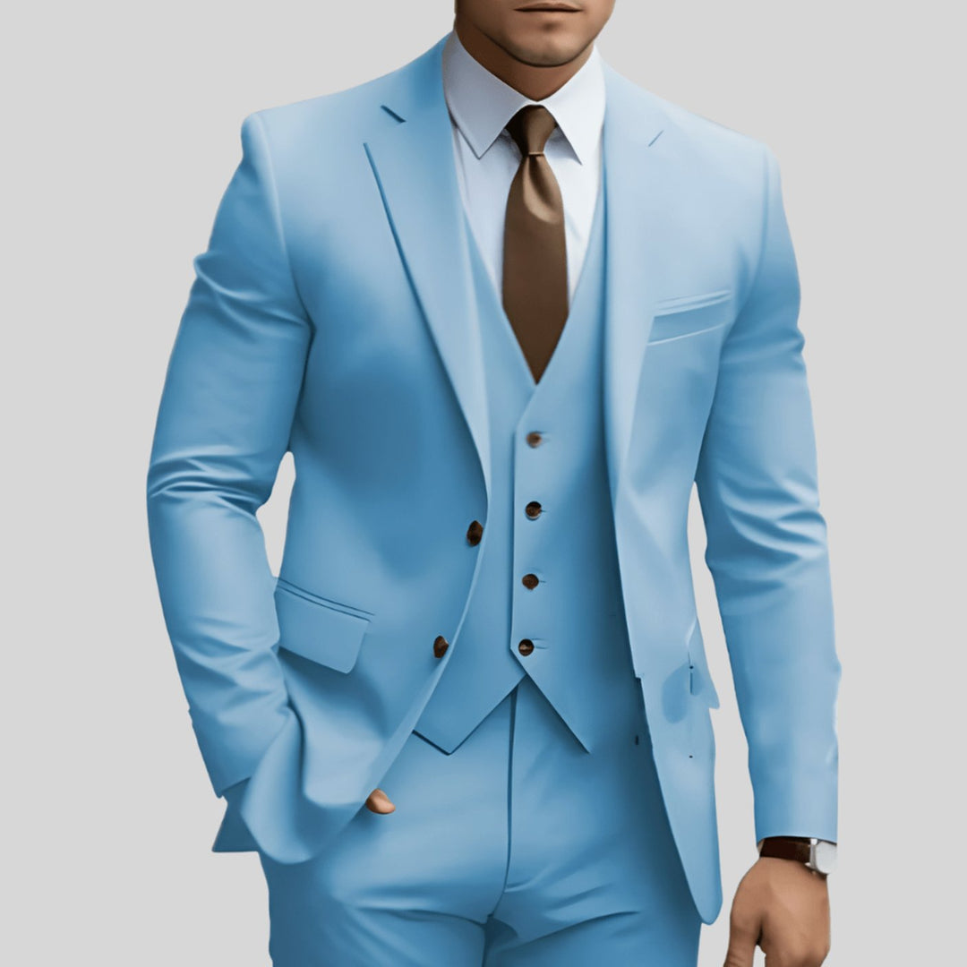 Men's Three-Piece Slim-Fit Notch-Lapel Formal Suit Set - Light Blue