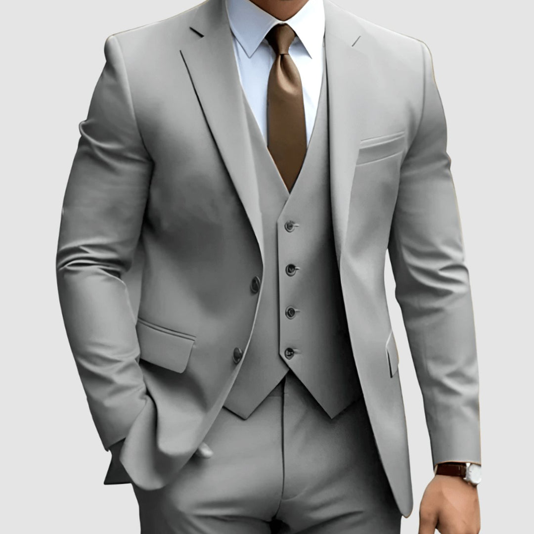 Men's Three-Piece Slim-Fit Notch-Lapel Formal Suit Set - Gray