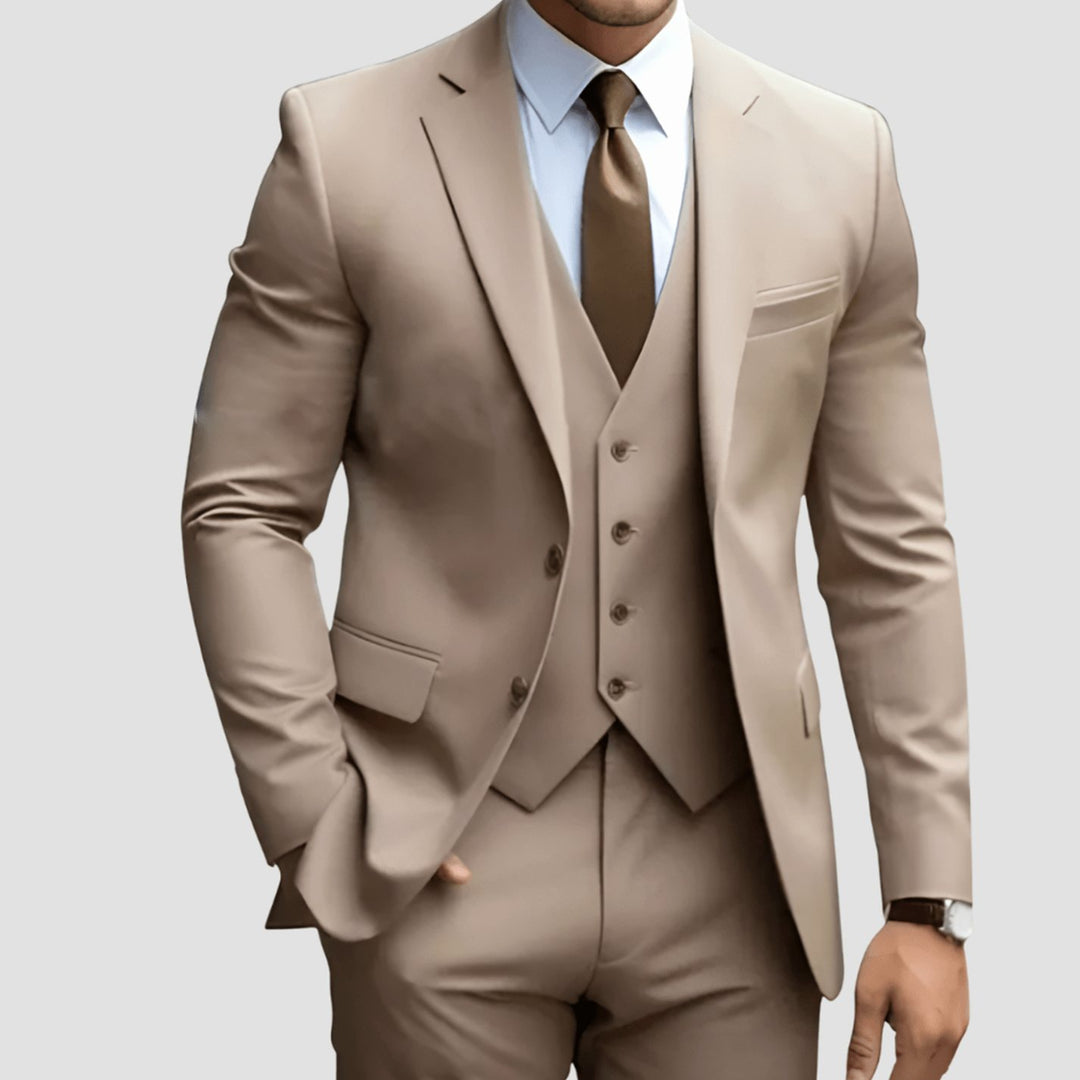 Men's Three-Piece Slim-Fit Notch-Lapel Formal Suit Set - Khaki