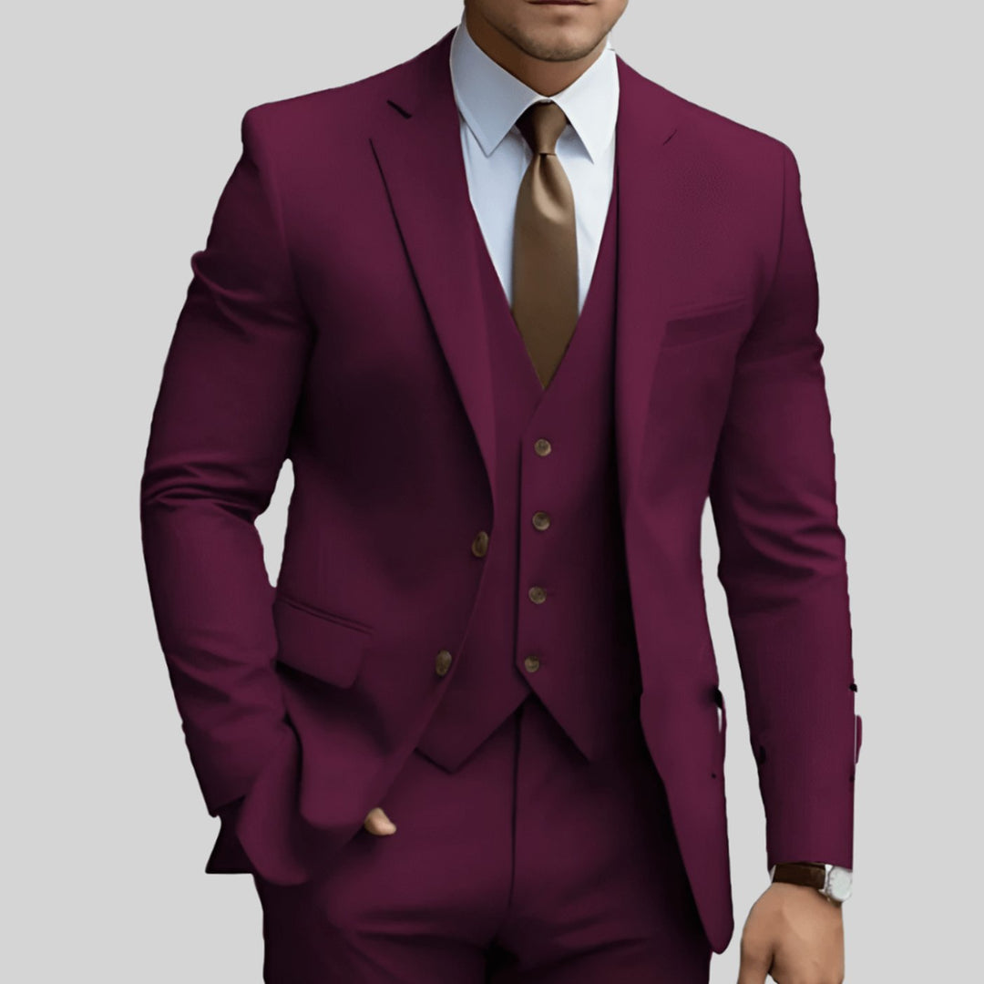 Men's Three-Piece Slim-Fit Notch-Lapel Formal Suit Set - Burgundy