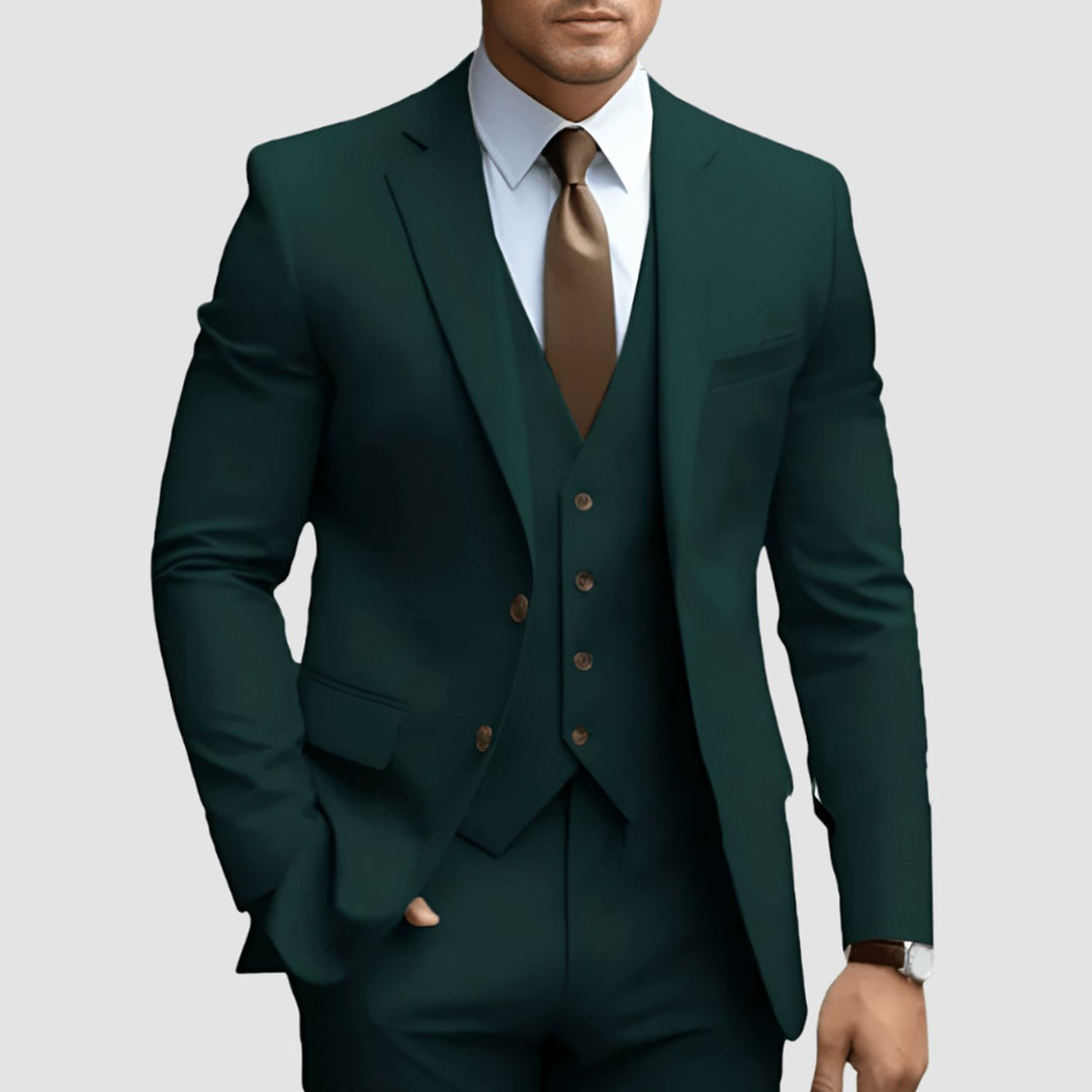 Men's Three-Piece Slim-Fit Notch-Lapel Formal Suit Set - Dark Green