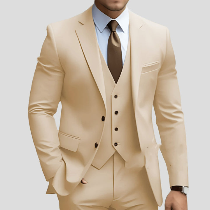 Men's Three-Piece Slim-Fit Notch-Lapel Formal Suit Set - Beige