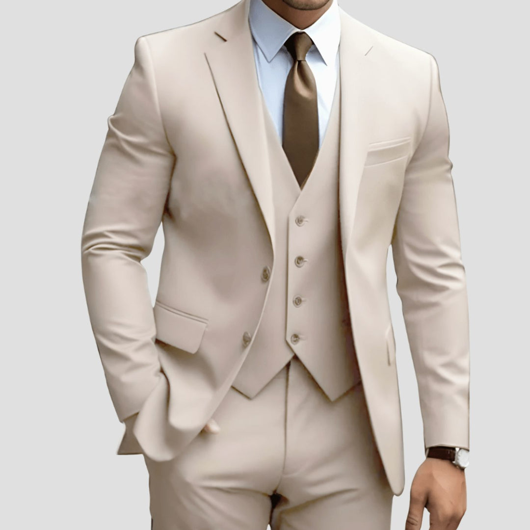 Men's Three-Piece Slim-Fit Notch-Lapel Formal Suit Set - Cream