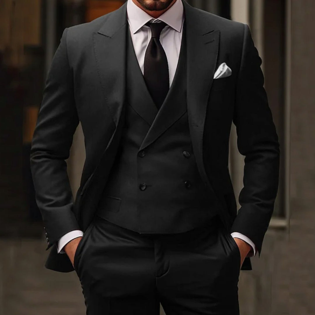 Men's Three-Piece Slim Fit Suit Tailored Jacket Vest Trousers Set - Black