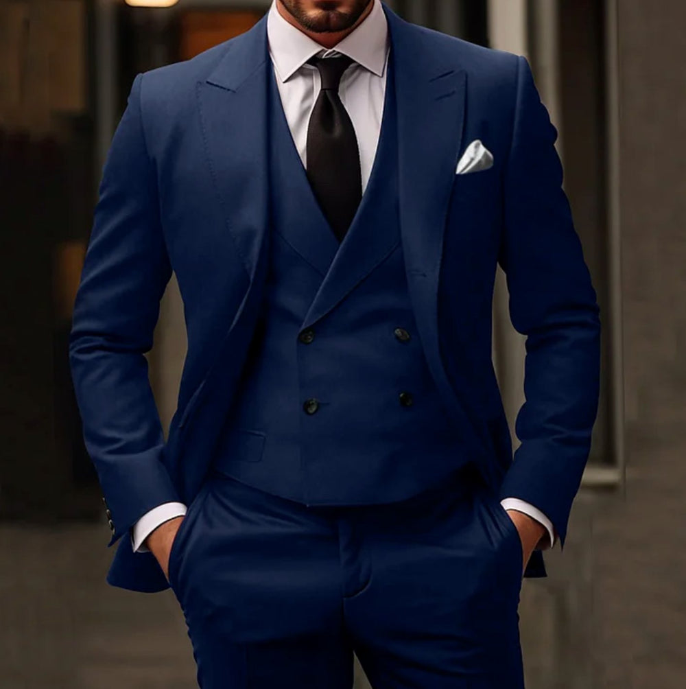 Men's Three-Piece Slim Fit Suit Tailored Jacket Vest Trousers Set - Dark Blue