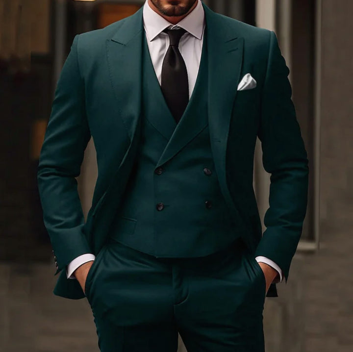Men's Three-Piece Slim Fit Suit Tailored Jacket Vest Trousers Set - Green