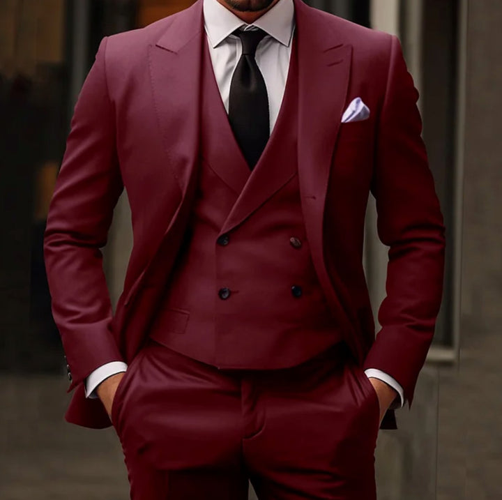 Men's Three-Piece Slim Fit Suit Tailored Jacket Vest Trousers Set - Burgundy