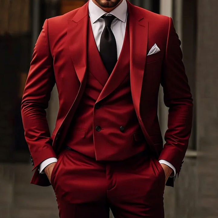 Men's Three-Piece Slim Fit Suit Tailored Jacket Vest Trousers Set - Red