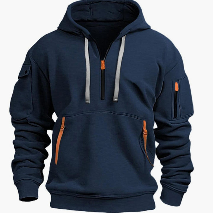 Men's Utility Pocket Quarter-Zip Style Hoodie Long Sleeve Pullover - Dark Blue