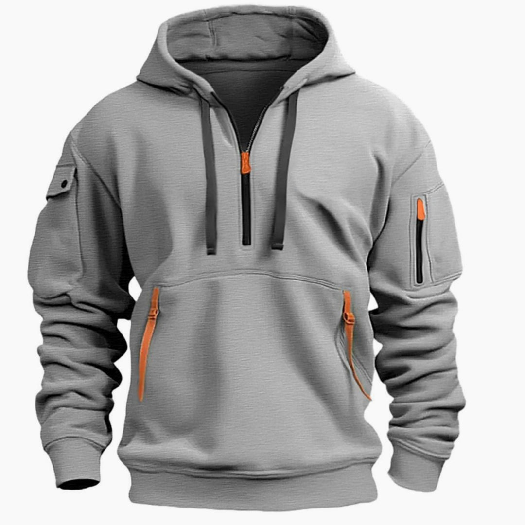 Men's Utility Pocket Quarter-Zip Style Hoodie Long Sleeve Pullover - Light Grey