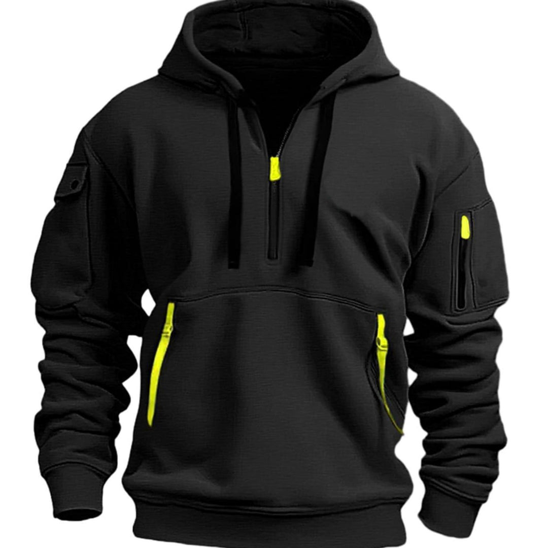 Men's Utility Pocket Quarter-Zip Style Hoodie Long Sleeve Pullover - Black