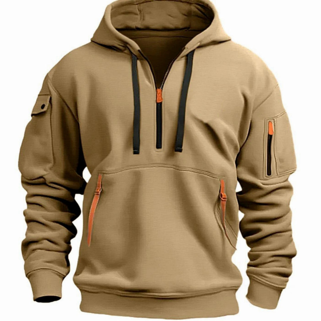 Men's Utility Pocket Quarter-Zip Style Hoodie Long Sleeve Pullover - Khaki