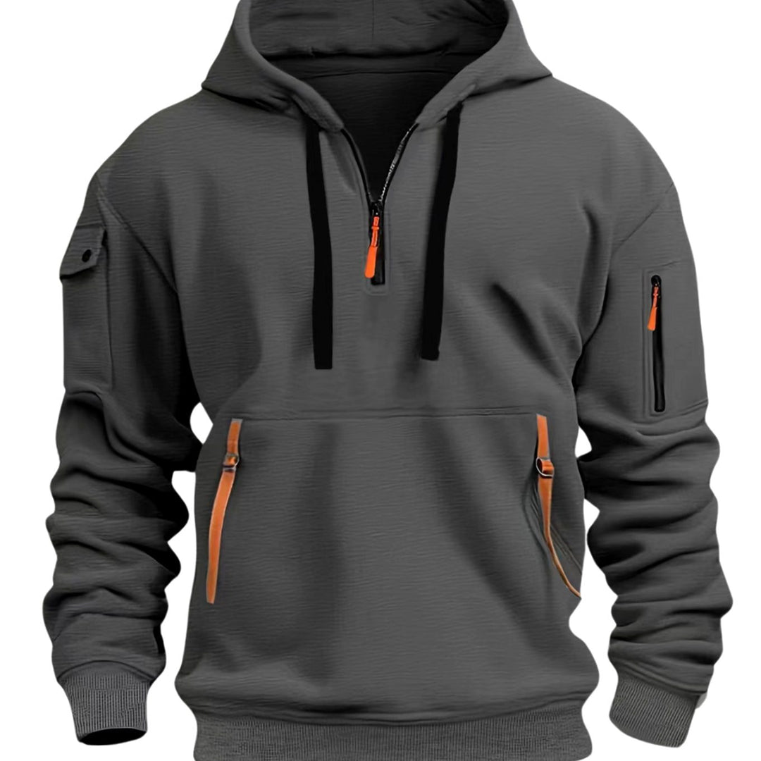 Men's Utility Pocket Quarter-Zip Style Hoodie Long Sleeve Pullover - Dark Grey