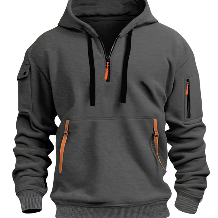 Men's Utility Pocket Quarter-Zip Style Hoodie Long Sleeve Pullover - Dark Grey