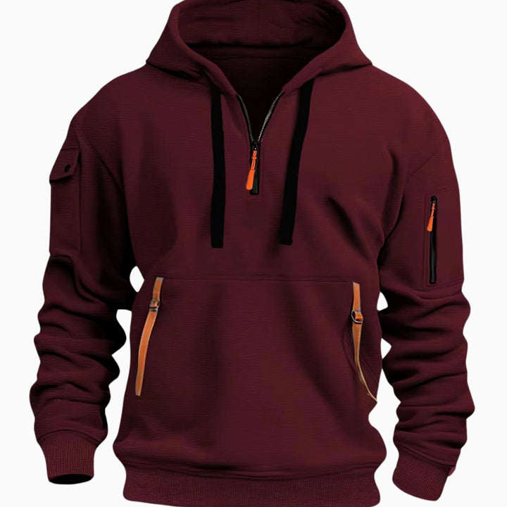 Men's Utility Pocket Quarter-Zip Style Hoodie Long Sleeve Pullover - Red