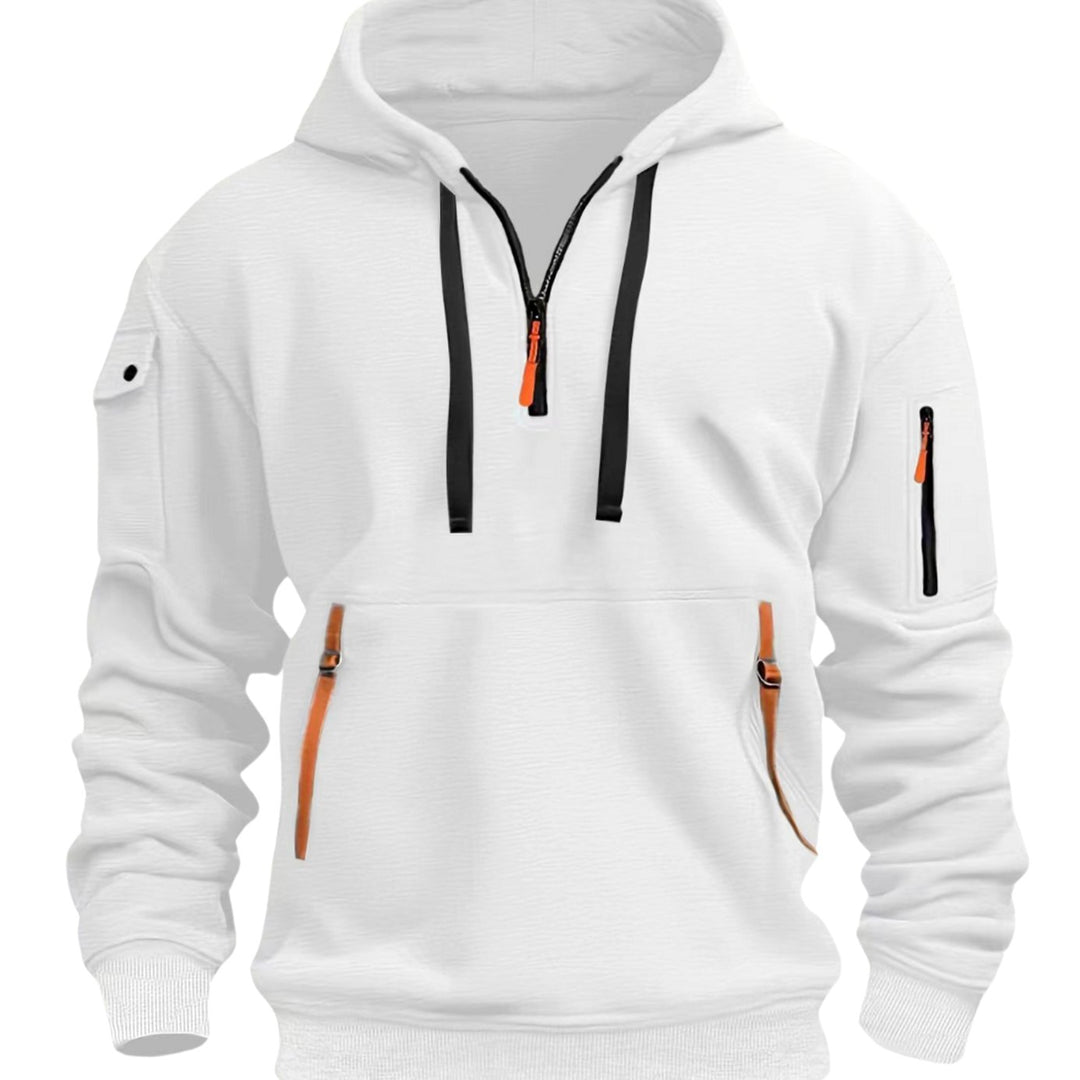Men's Utility Pocket Quarter-Zip Style Hoodie Long Sleeve Pullover - White