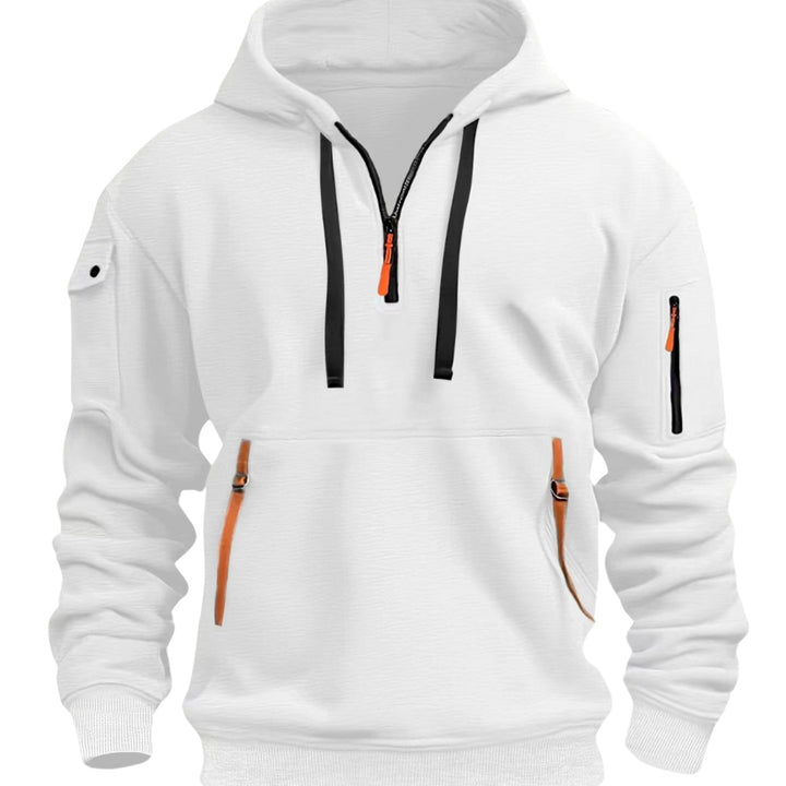 Men's Utility Pocket Quarter-Zip Style Hoodie Long Sleeve Pullover - White